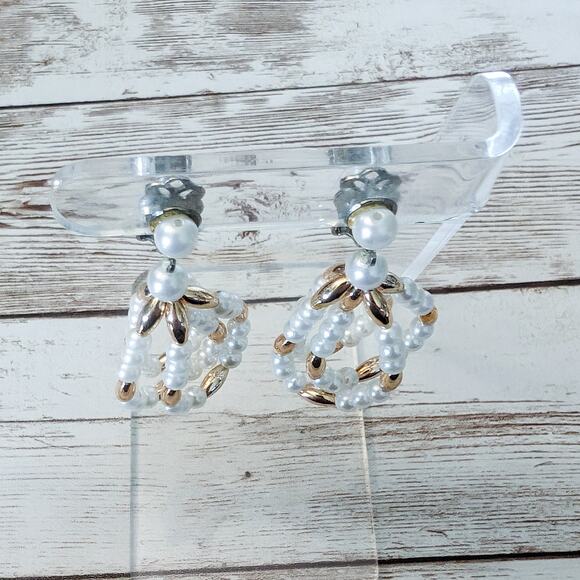Vintage Clip On Earrings - Faux Pearl & Gold Tone Beaded Dangle - Picture 2 of 8